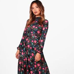 High Neck Floral Boho Midi Dress